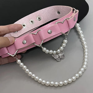 Pink Studded Leather Choker Necklace with Butterfly Pendant