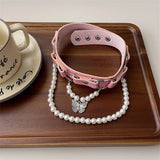 Pink Studded Leather Choker Necklace with Butterfly Pendant