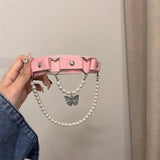 Pink Studded Leather Choker Necklace with Butterfly Pendant