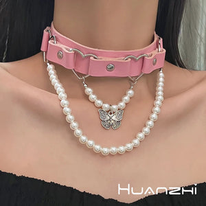 Pink Studded Leather Choker Necklace with Butterfly Pendant