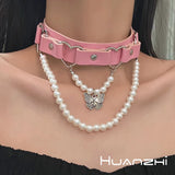 Pink Studded Leather Choker Necklace with Butterfly Pendant