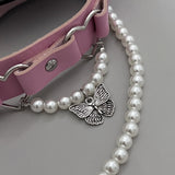 Pink Studded Leather Choker Necklace with Butterfly Pendant