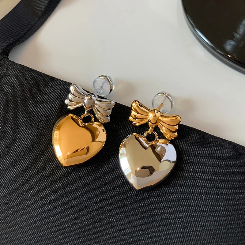 Retro Metal Heart Bow Earrings for Women