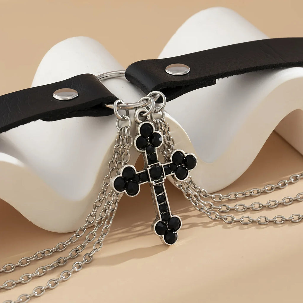 Vintage Baroque Cross Choker Leather Punk Chain Tassel Collar Necklace