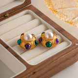 Vintage Geometry Rhinestone Resin Pearl Metal Stud Earring for Women