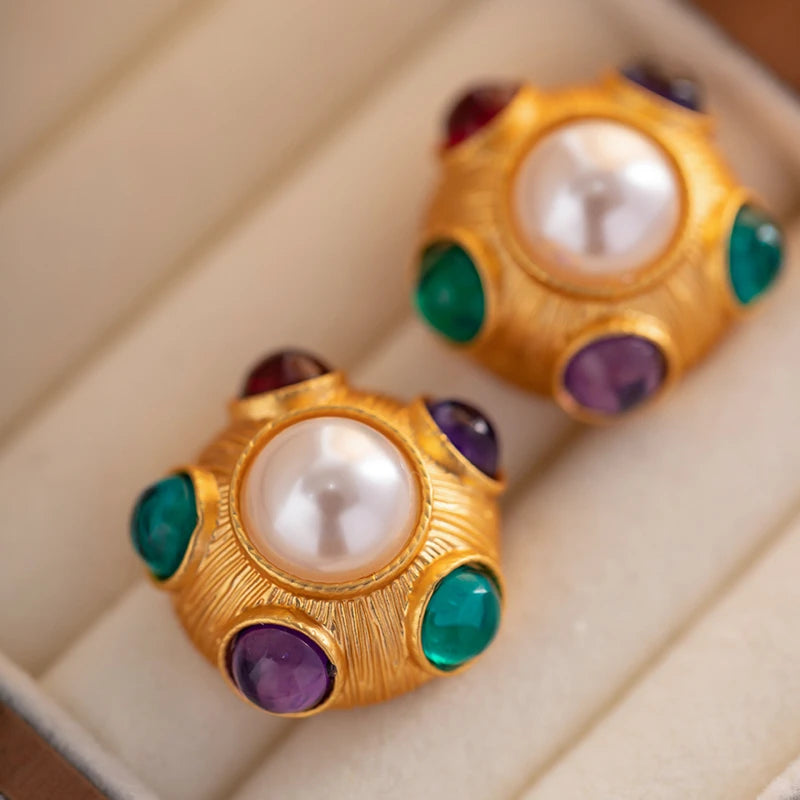 Vintage Geometry Rhinestone Resin Pearl Metal Stud Earring for Women