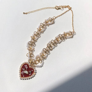 Vintage Sweet Choker Pearls Necklace Red Heart Beads Rhinestone for Women