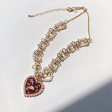 Vintage Sweet Choker Pearls Necklace Red Heart Beads Rhinestone for Women
