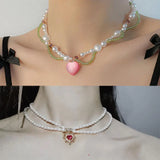 Vintage Sweet Choker Pearls Necklace Red Heart Beads Rhinestone for Women