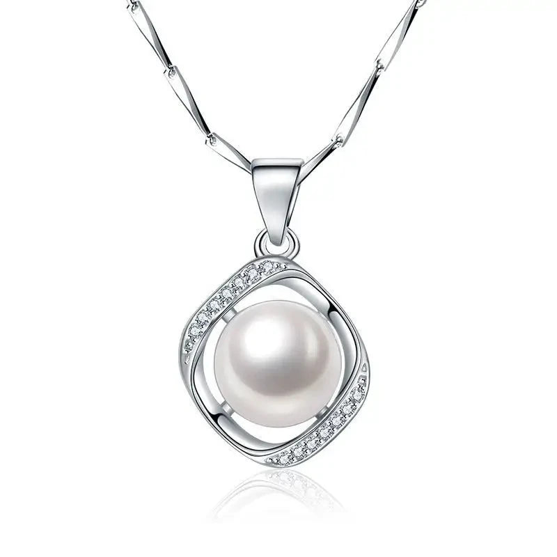 Pearl Zircon Pendant Necklace 925 Silver Wedding Accessory Women Bridal Gift