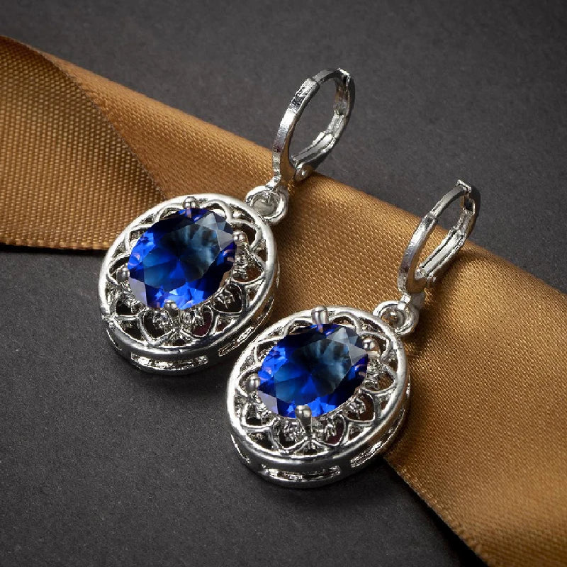 925 Silver Oval Drop Earrings with Zircon Gemstone for Wedding Party