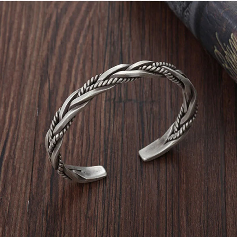 HX Silver Twisted Woven Bracelet Retro Thai Unique Opening Bracelet