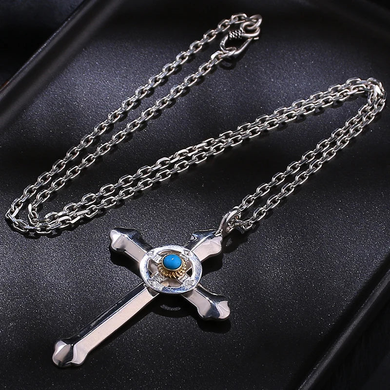 Feather Turquoise Cross Silver Necklace Sweater Chain Star Pendant
