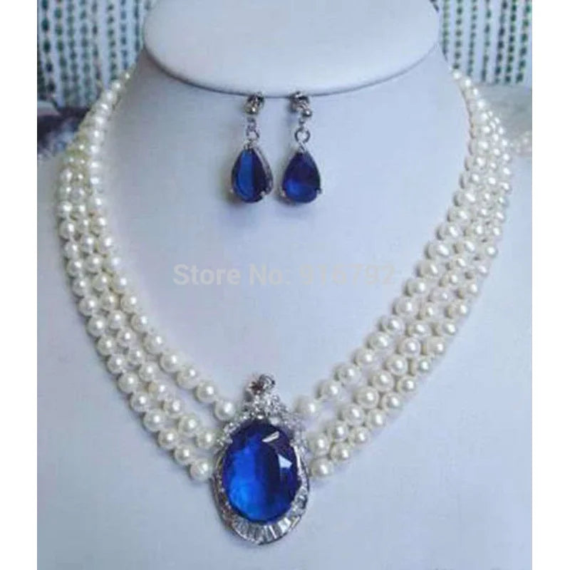 3 Rows Pearl Pendant Necklace Earrings Set