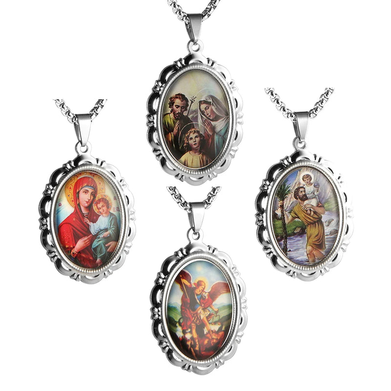 4 Pcs St Michael St. Christopher Mary Pendant Necklace Set