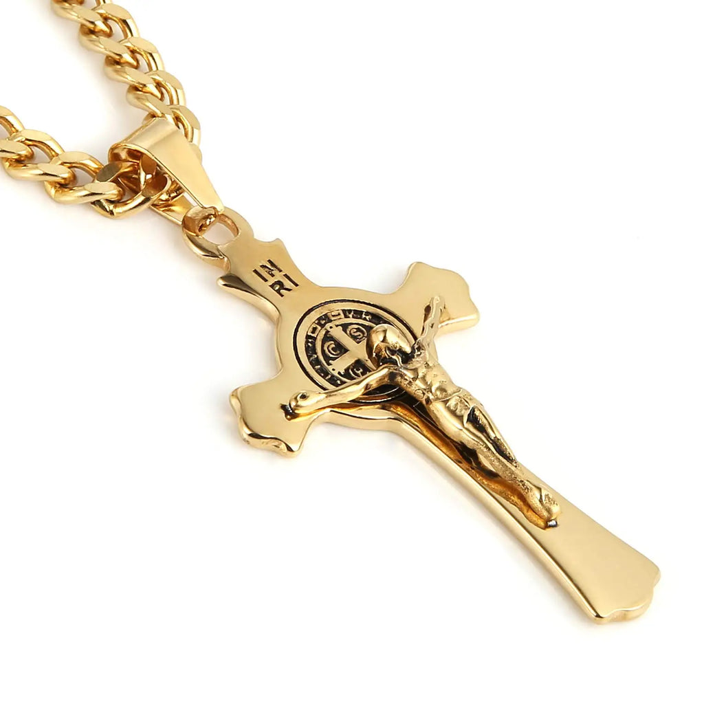Vintage Stainless Steel St. Benedict Cross Pendant Men's Necklace