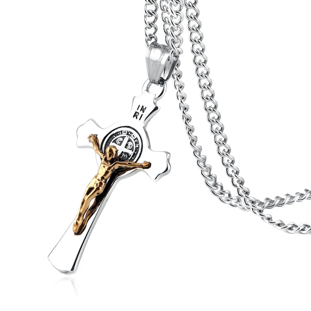 Vintage Stainless Steel St. Benedict Cross Pendant Men's Necklace