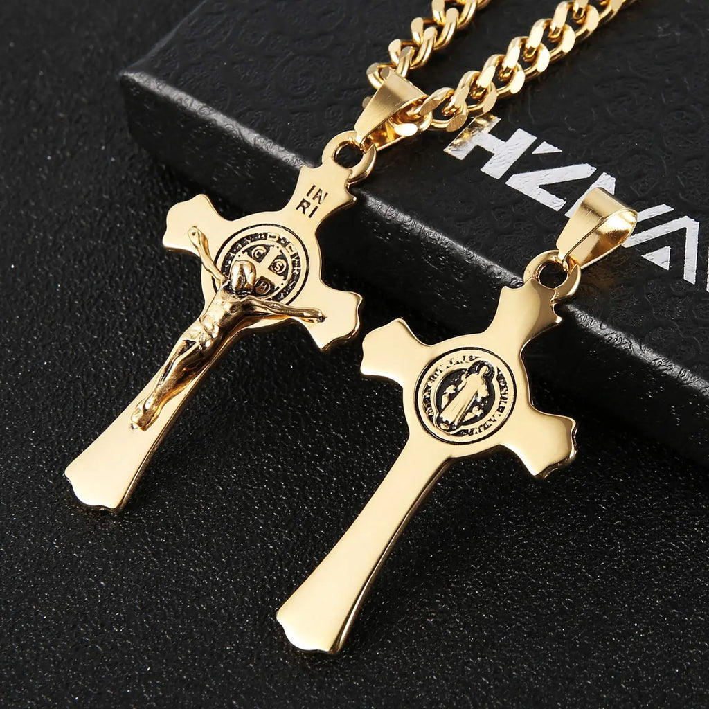 Vintage Stainless Steel St. Benedict Cross Pendant Men's Necklace