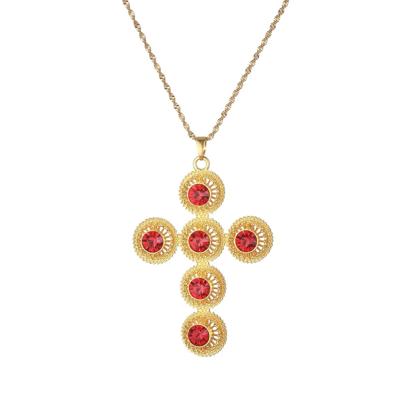 Habesha Pendant Necklace Red Green Stone Cross Ethiopian Africa Jewel