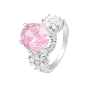 Hainon Pink CZ Stone Silver Flower Wedding Rings for Woman