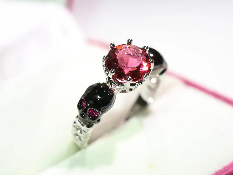 Hainon Punk Silver Skull Ring Charms Green Red Zircon Rings for Women
