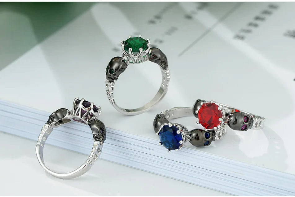 Hainon Punk Silver Skull Ring Charms Green Red Zircon Rings for Women