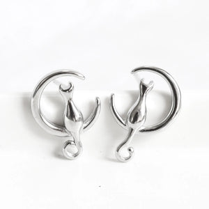 Half Moon Cat Earrings Silver Sterling 925 Women Girls Small Light Stud Earrings