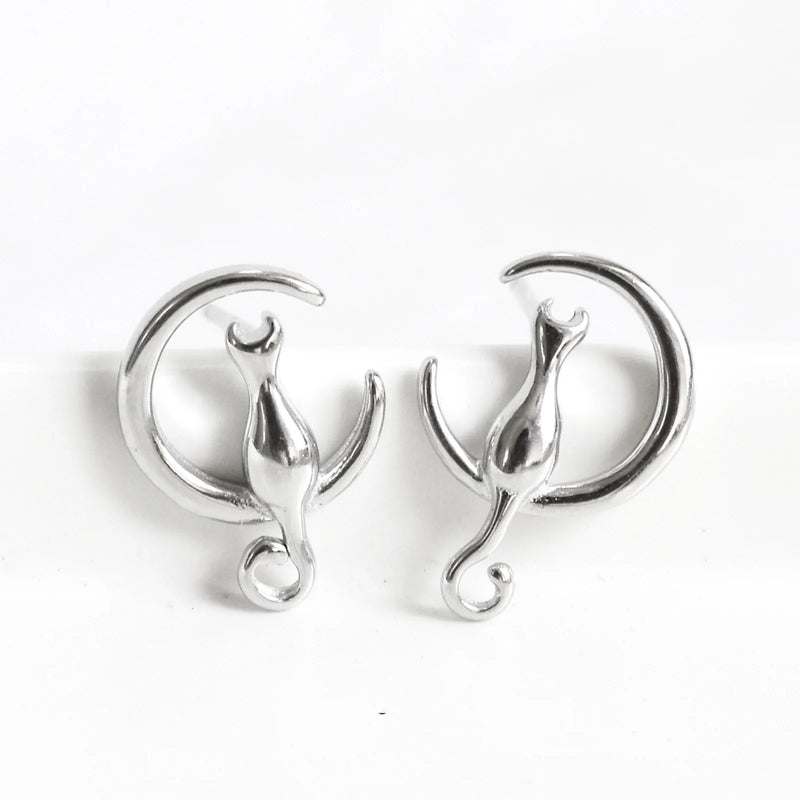 Half Moon Cat Earrings Silver Sterling 925 Women Girls Small Light Stud Earrings