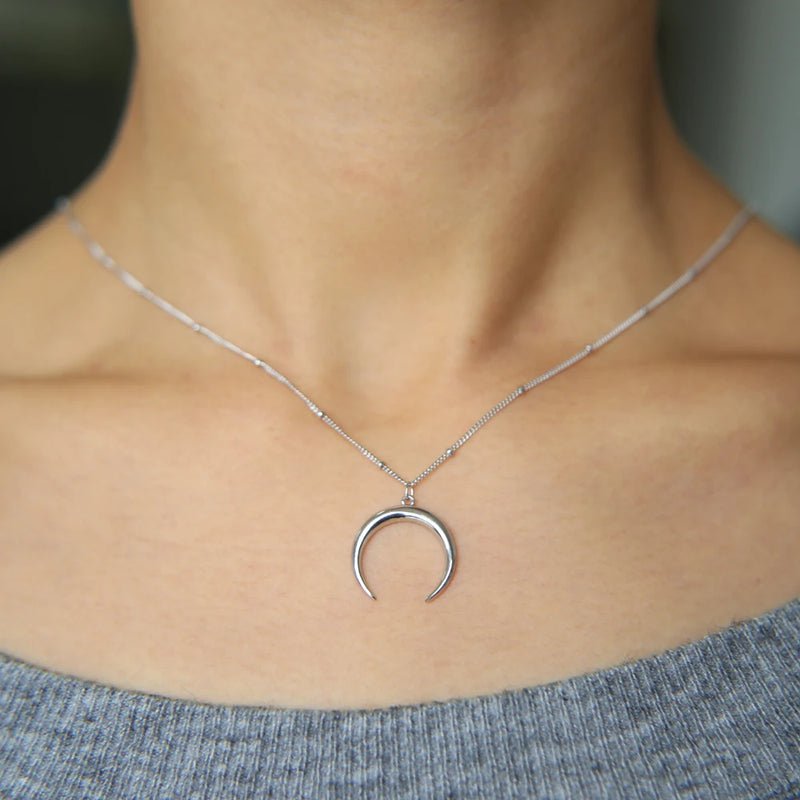 925 Sterling Silver Half Moon Necklace Horn Choker Kolye Jewelry