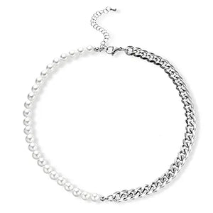 Half Pearl Half Chain Necklace Cuban Link Stainless Steel Jewelry Choker