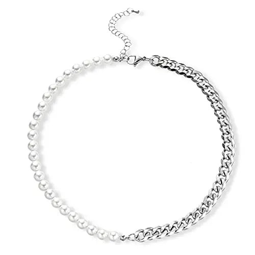 Half Pearl Half Chain Necklace Cuban Link Stainless Steel Jewelry Choker