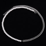 Half Pearl Half Chain Necklace Cuban Link Stainless Steel Jewelry Choker
