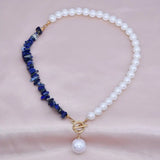 Half & Half Beaded Stone Chain Pearl Ball Necklace for Women