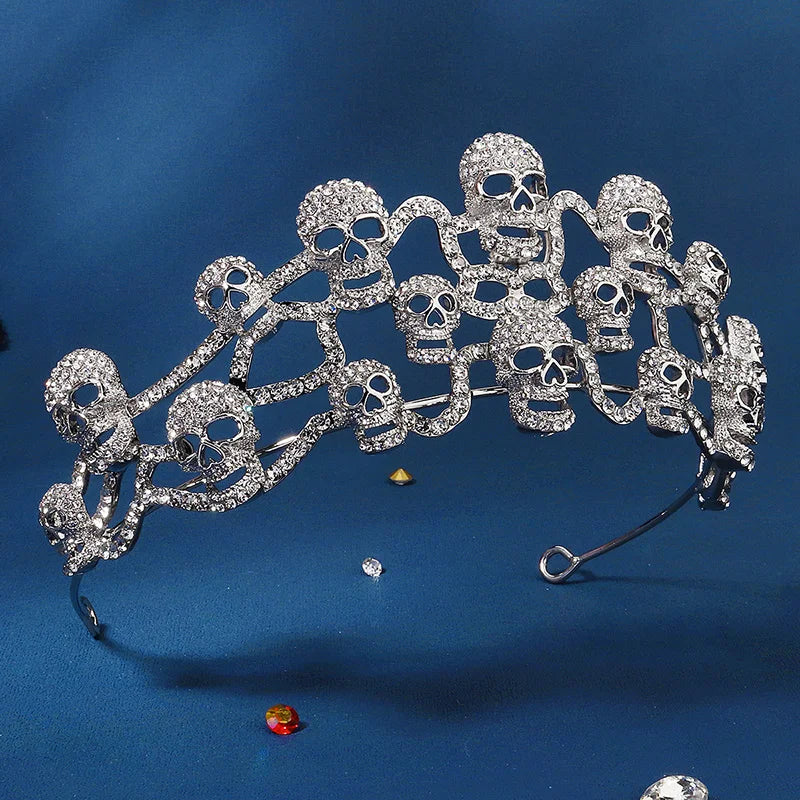 Gothic Skull Crystal Crown Silver Tiara for Women