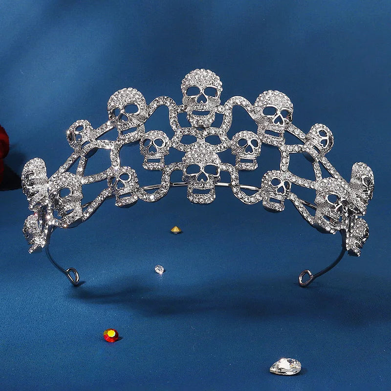 Gothic Skull Crystal Crown Silver Tiara for Women
