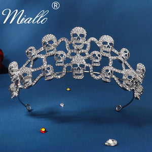 Gothic Skull Crystal Crown Silver Tiara for Women