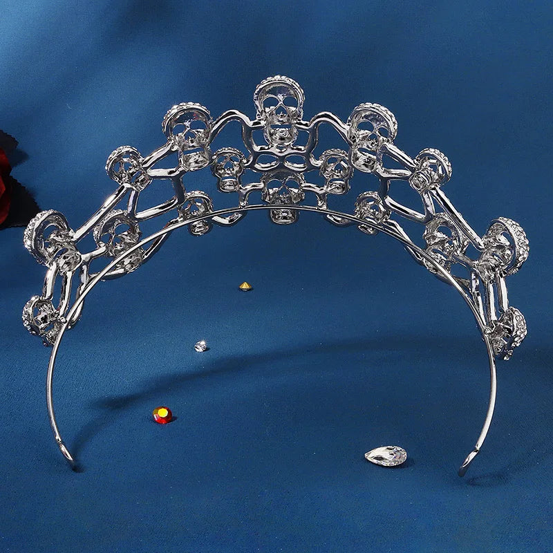 Gothic Skull Crystal Crown Silver Tiara for Women