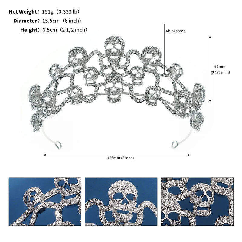 Gothic Skull Crystal Crown Silver Tiara for Women