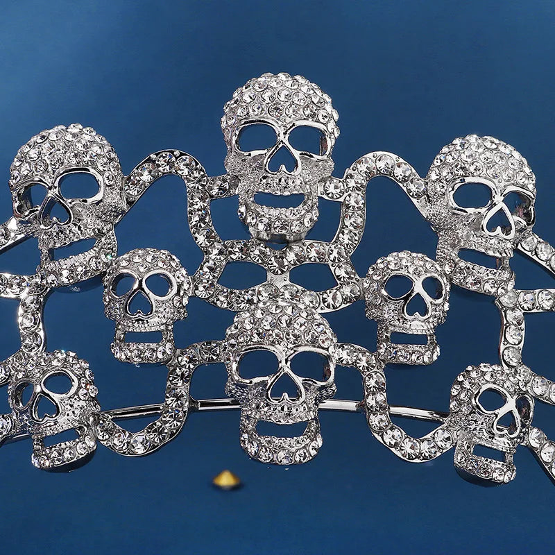 Gothic Skull Crystal Crown Silver Tiara for Women