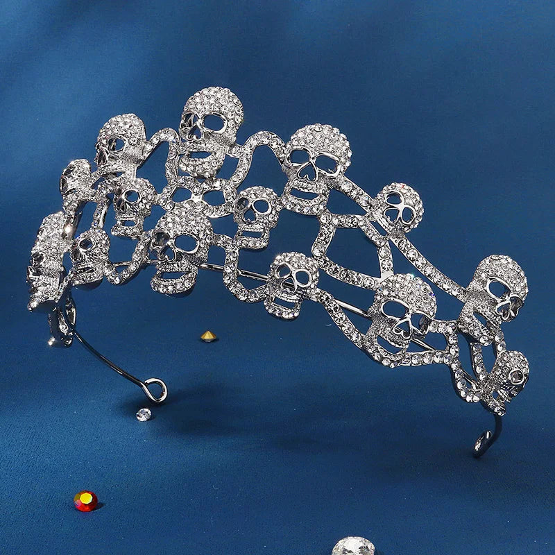 Gothic Skull Crystal Crown Silver Tiara for Women