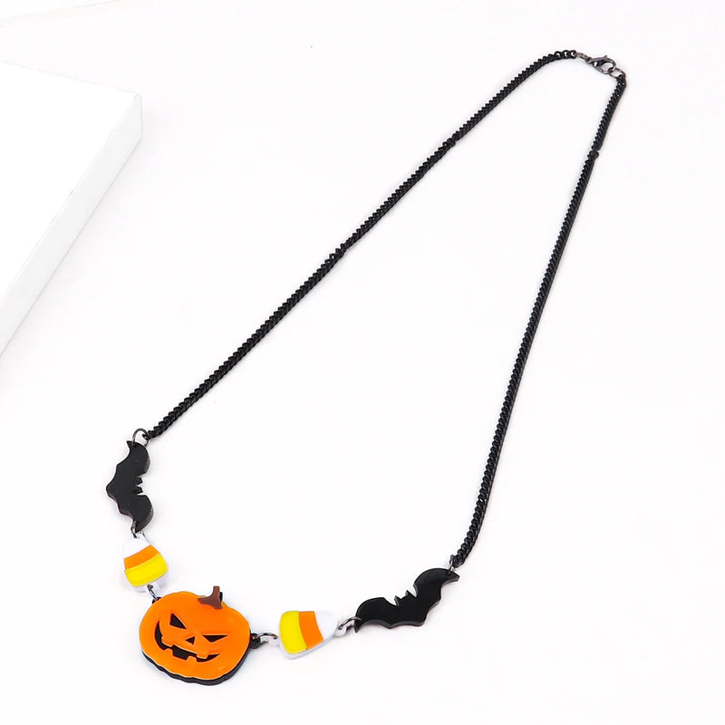 Evil Pumpkin Pendant Necklace Goth Hallowmas Bat Chains Choker