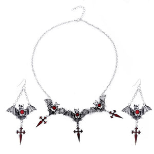Halloween Bat Earrings Cross Pendant Necklace Set