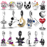 Halloween Moon Cat Witch Broom Skeleton Skull Silver Charm Bracelet Necklace