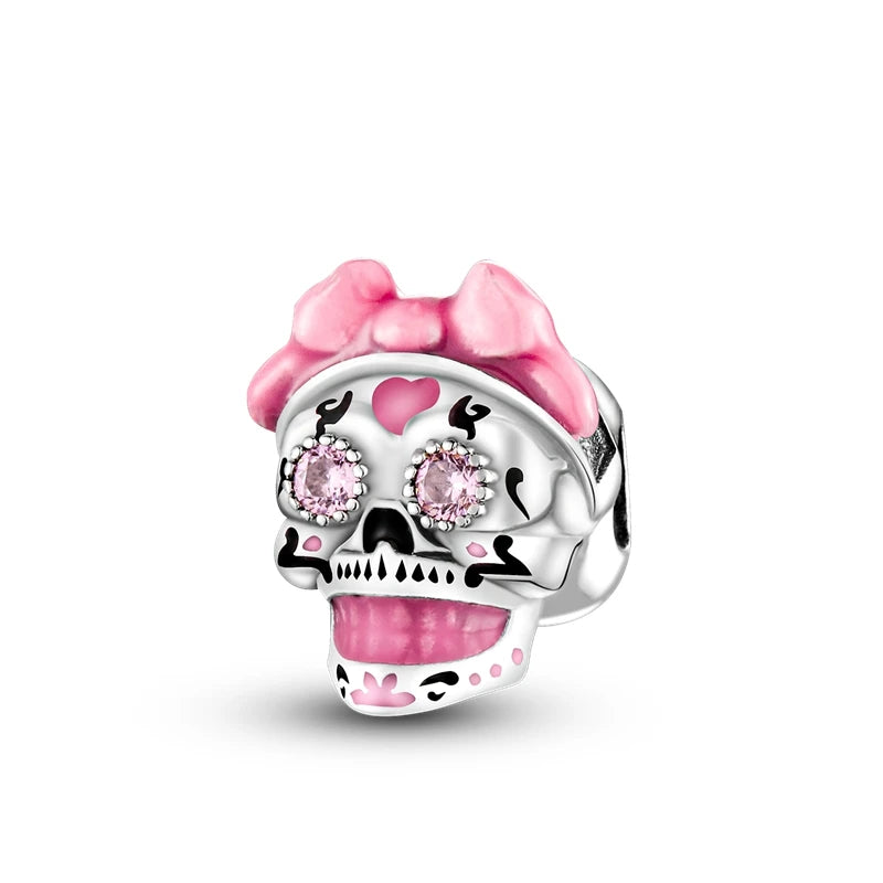 Halloween Moon Cat Witch Broom Skeleton Skull Silver Charm Bracelet Necklace