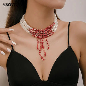 Halloween Blood Pattern Pearl Necklace Multi-Layer Beaded Short Necklace