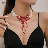 Halloween Blood Pattern Pearl Necklace Multi-Layer Beaded Short Necklace