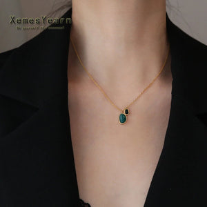 Green Stone Pendant Stainless Steel Necklace for Women