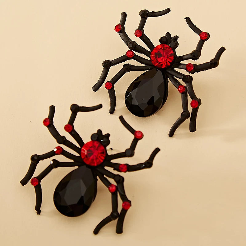 Red Zircon Spider Stud Earrings for Halloween Party