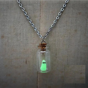 Glow Tiny Ghost in A Bottle Pendant Necklace Luminous Halloween Jewelry