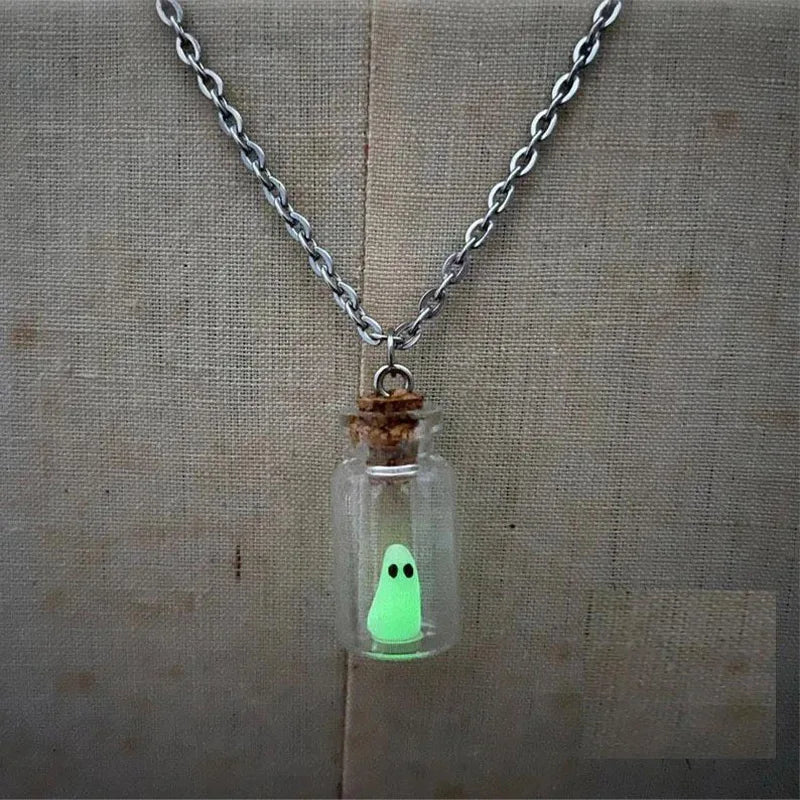 Glow Tiny Ghost in A Bottle Pendant Necklace Luminous Halloween Jewelry